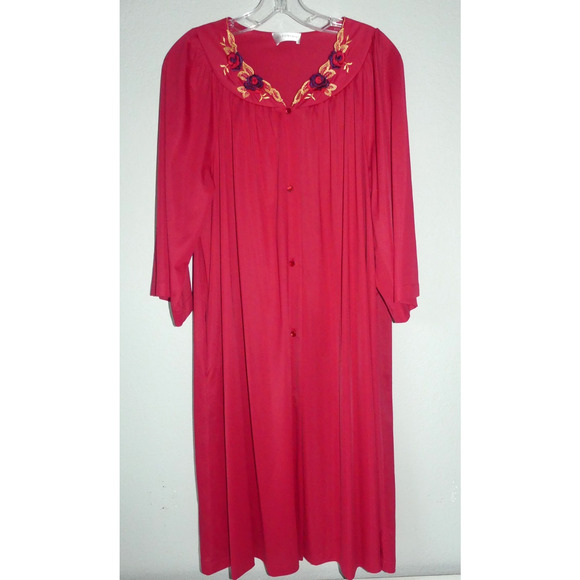 Vintage Shadowline Embroidered Robe LARGE Button Front Nylon Lounge - Picture 1 of 6